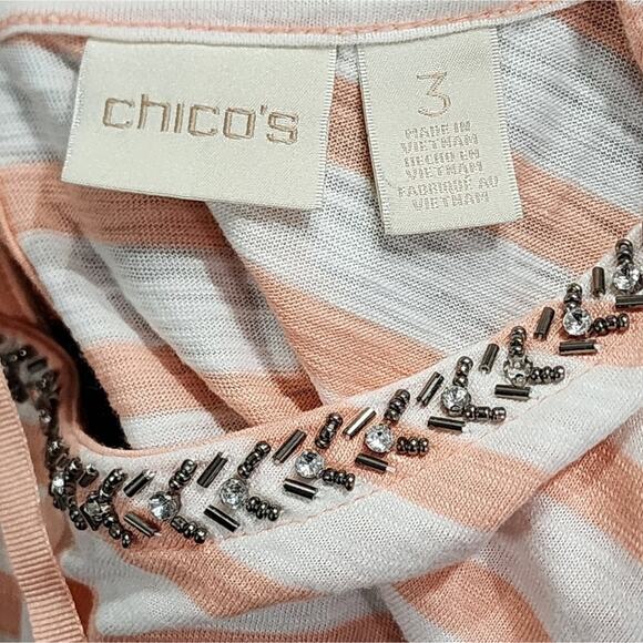 Chico's pale orange and white striped tied neck beaded and jeweled shirt sZ 3 XL - Picture 9 of 9